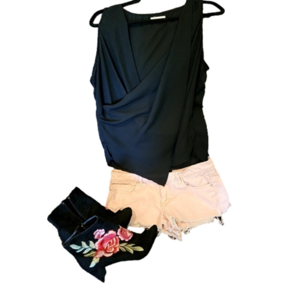SOCIALITE Black Open Cross Front Asymmetrical Sheer Top Size L - Picture 2 of 10